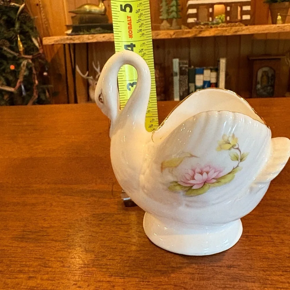 Swan hand-painted yellow crane and a pink water lily bone china planter